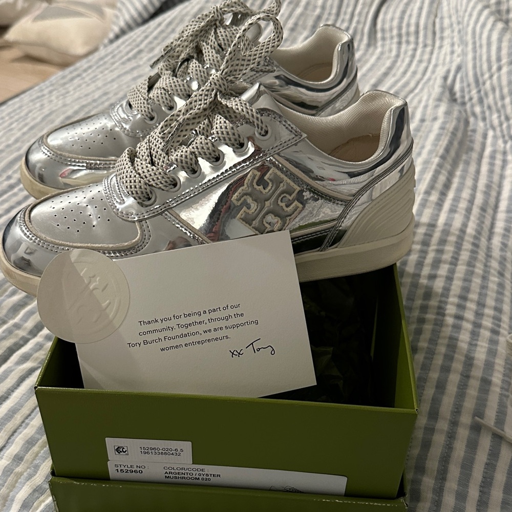 Tory Burch Metallic Silver Sneakers